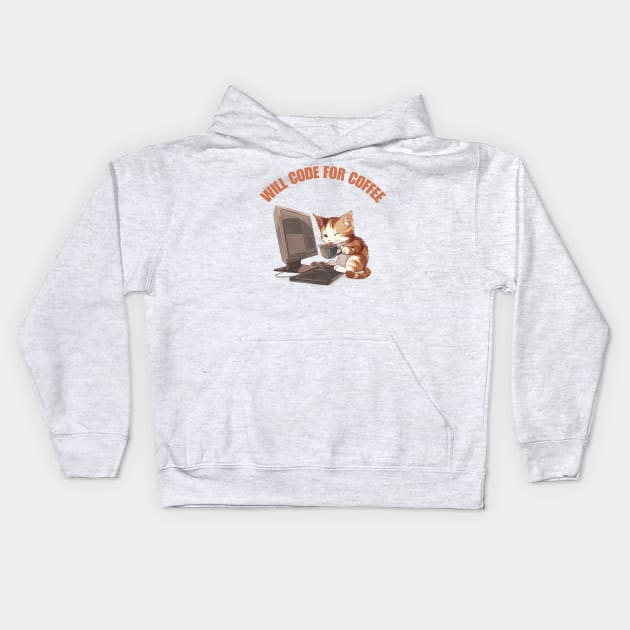 Cat Will Code For Coffee Kids Hoodie by WonderousDesigns